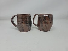 Pair Marie Rogers Rust Red Brown Pottery Primitive Mugs Signed 