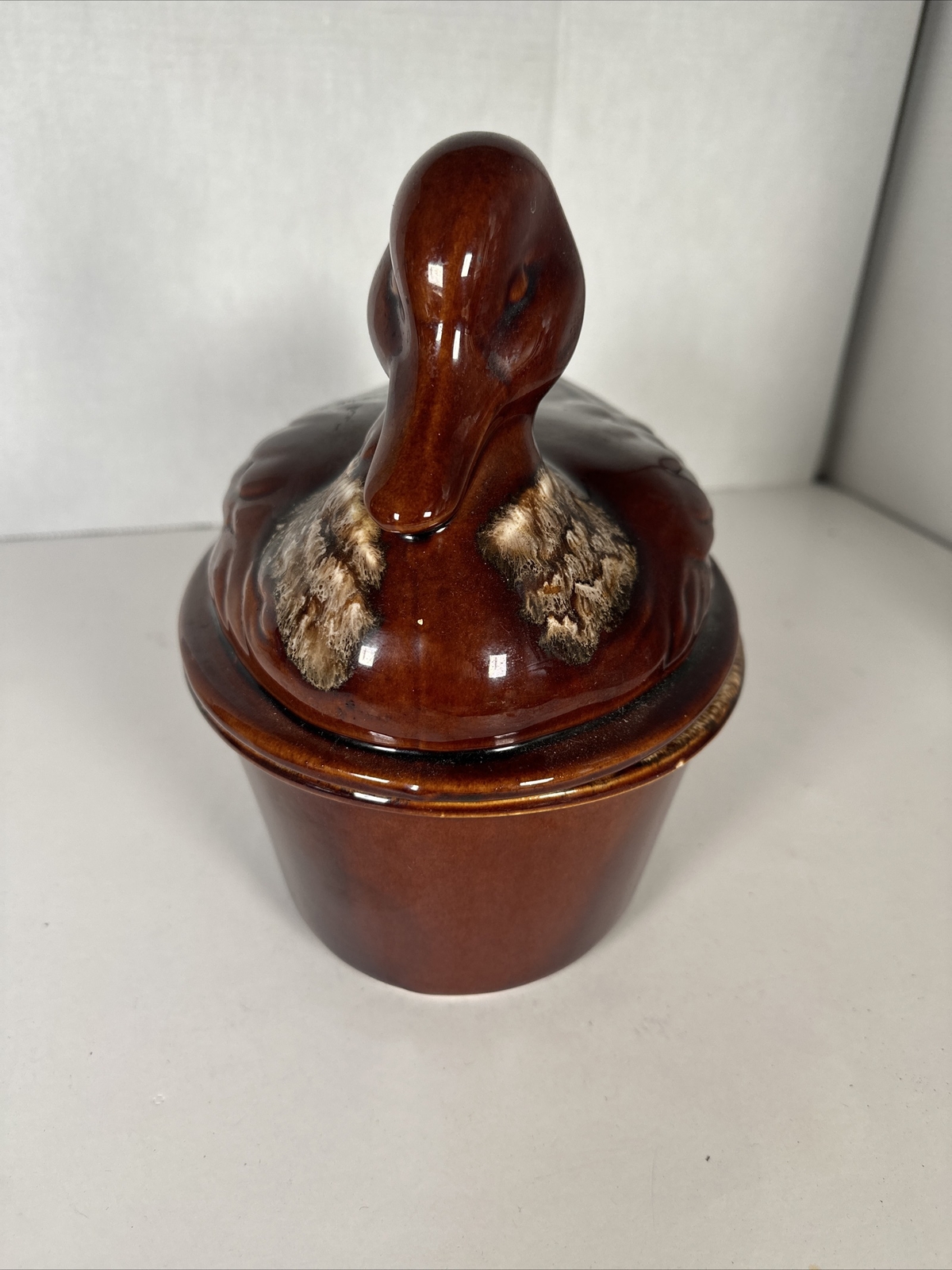 VTG Hull Pottery Brown Drip Glaze Duck On Nest Casserole excellent eBay