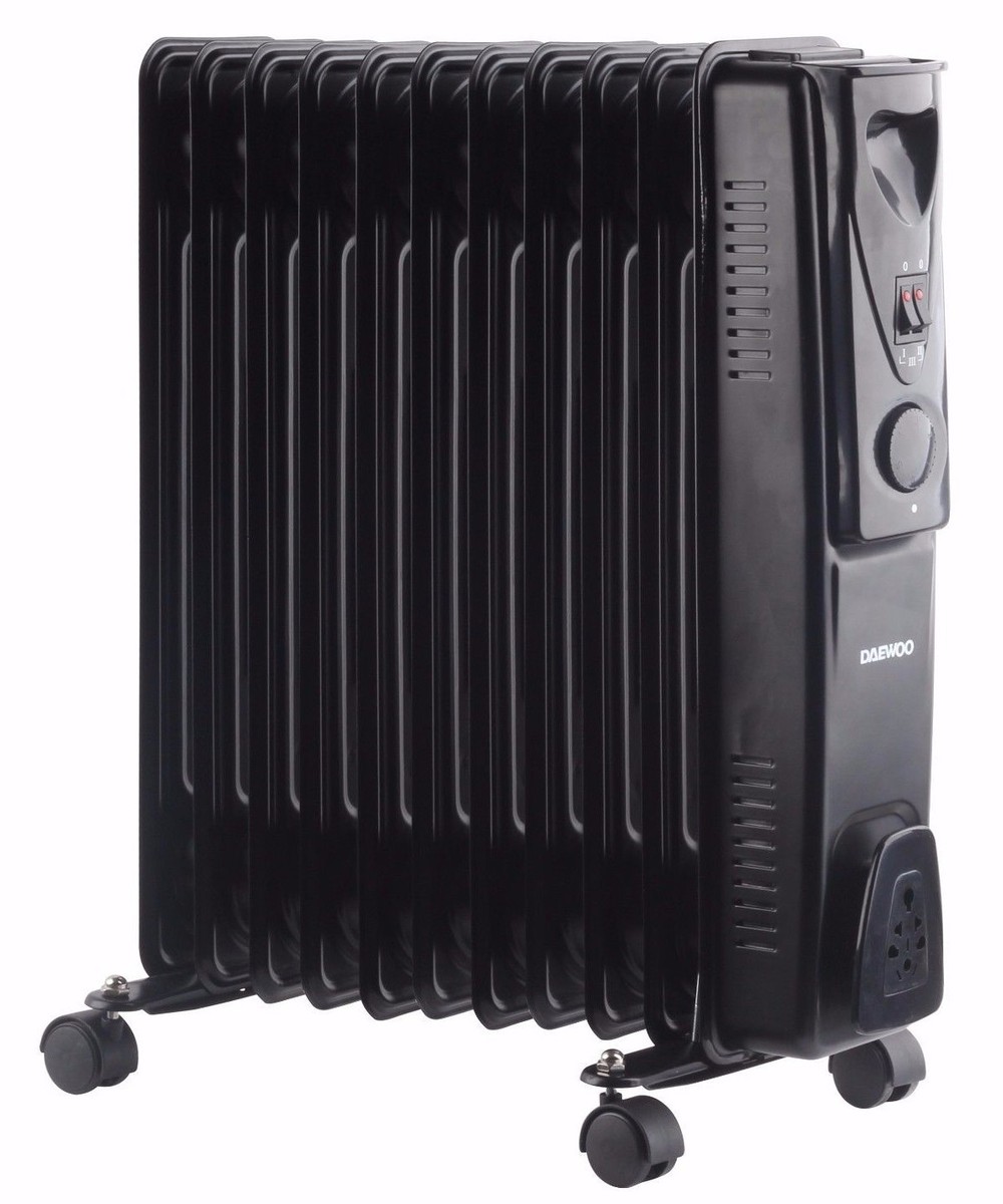 Daewoo 11 Fin 2500W Portable Oil Filled Radiator Heater with Thermostat  Black