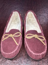 ABEO BOW Women  s Nu-buck Leather Slippers Wool Lining Rubber Sole Maroon 6/6.5
