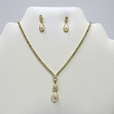 Gold Pearl  Rhinestone Teardrop Necklace Earrings Set Prom Wedding Evening