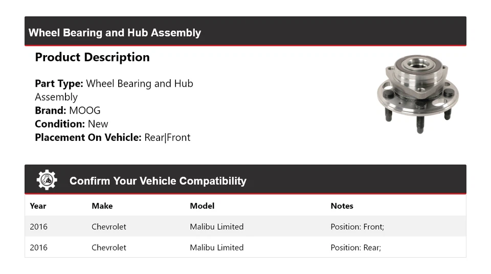 Подшипник колеса и ступица в сборе для Chevrolet Malibu 2016 ограниченного выпуска MOOG - Изображение 2 из 4