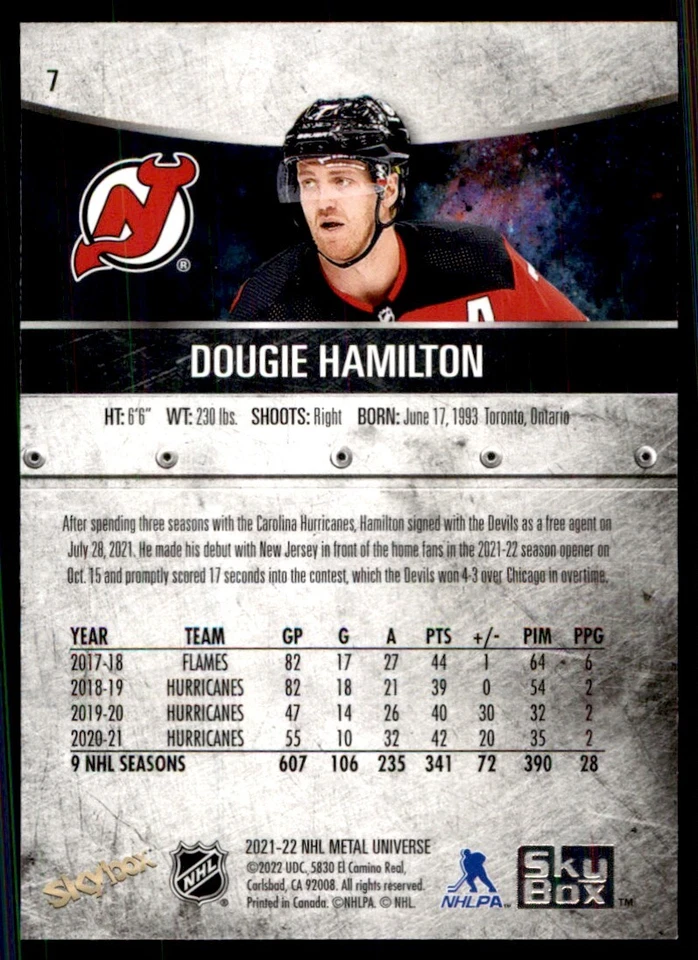 2021-22 Skybox Metal Universe Dougie Hamilton New Jersey Devils #7 - Image 2 of 2