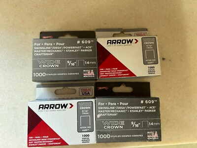 NEW 4-pack lot Arrow #609 Wide Crown (3/8) 25 Gauge Staples 9/16'' 1000/PK