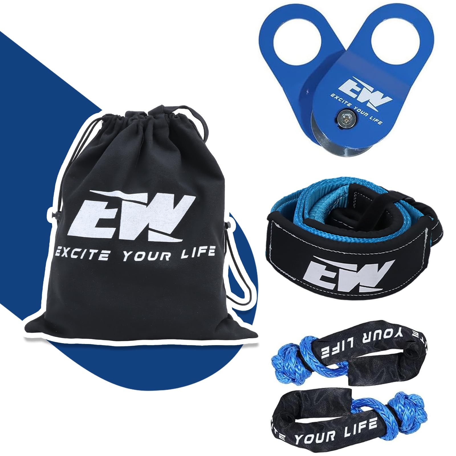 Elitewill offroad recovery gear kit 4x4 include 3" x8' tree saver, 1/2' x 22'...