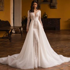 Sparkling Lace Mermaid Wedding Dress Detachable Long Sleeve Sequined Bridal Gown
