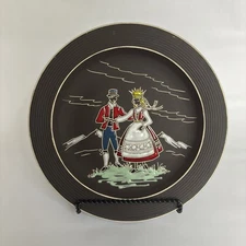 Vintage Norwegian Hardanger Dancers Enameled Ceramic Plate 1970