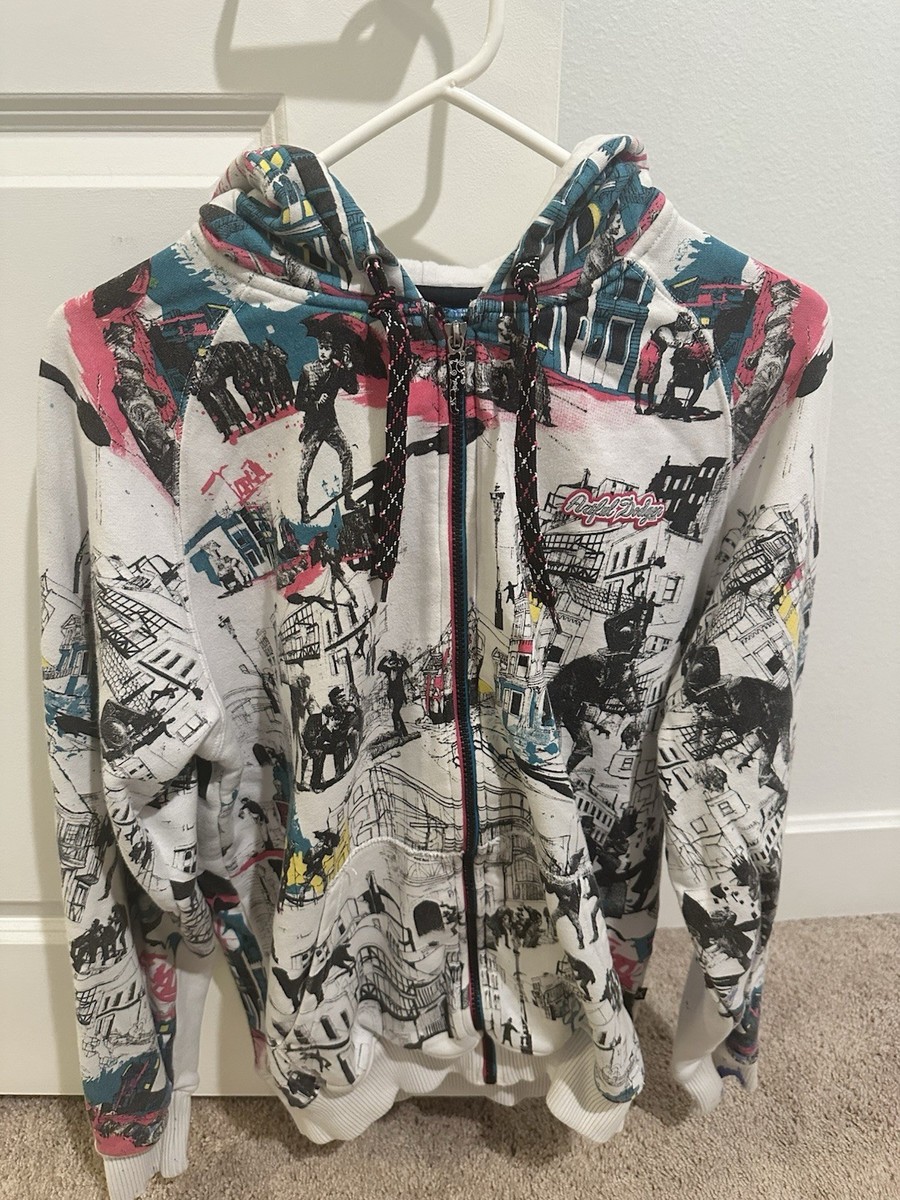 Vintage Artful Dodger All Over Print Men's Zip Up Hoodie Street Scene Size  Small