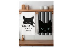 2Pcs Cat Kitchen Towels Watercolor Black And White Cat For Cat Lovers With "Sile
