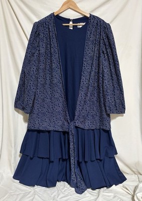 Risa Ann New York Navy Blue Layered Tie Front Long Dress 3/4 Sleeve.