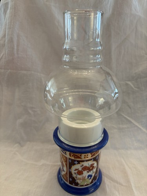 #ad Hurricane Candle Holder W Glass Chimney Ceramic Blue Floral Base 11” $18.99