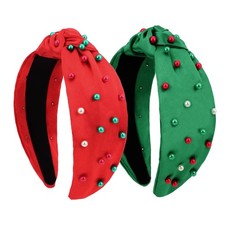2 PCS Christmas Headbands Red Green Knotted Pearl NonSlip Wide Accessory