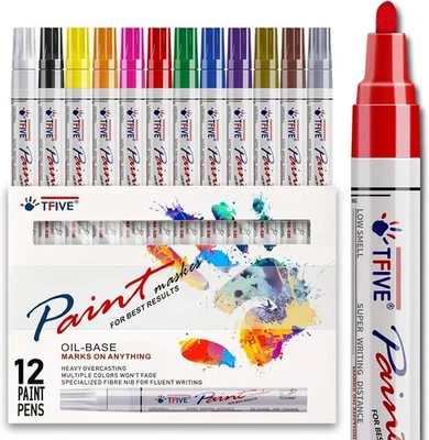 TFIVE 12 Paint Marker Colors Oil-Based Pens Never Fade Quick Dry Permanent Waterproof