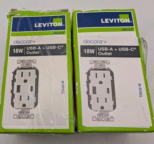 *2* Leviton 15 Amp Tamper Resistant Type A/C 3.6 Amp 18-Watt USB Outlet T5638-W