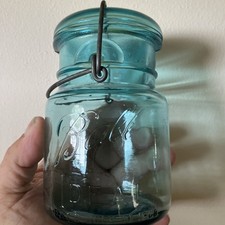 Vintage Ball Ideal 5”x 3” Blue Glass Mason Jar w/Lid Pat. July 14, 1908 #10