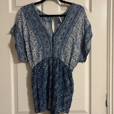 Free People Blue Printed Arizona Short Sleeve Romper Pockets V Neck Sz XS Boho