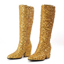 Women's Sequin Knee High Boots Pointed Toe Block Heel Side Zip Performance Shoes