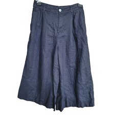 MUJI Women's Trousers Small Navy Blue 100 Linen Wide-Leg Cropped Coulote Gaucho