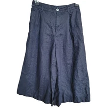 MUJI Women's Trousers Small Navy Blue 100% Linen Wide-Leg Cropped Coulote Gaucho