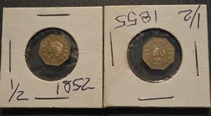 (2) 1855 &1852 CAL. FRACTIONAL  TOKEN - 1/2  DOLLAR  OCTAGONAL  LIBERTY & BEAR