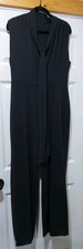 White House Black Market Crepe Wide Leg Jumpsuit Size 12 Black NWT V Neck W/Tie
