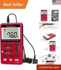 V112 Compact AM/FM Portable Pocket Radio - Rechargeable with Headphones, Red