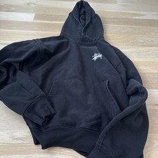 Stussy Black Cotton Fleece Pullover Hoodie Logo Graphic Print Hooded Long Sleeve