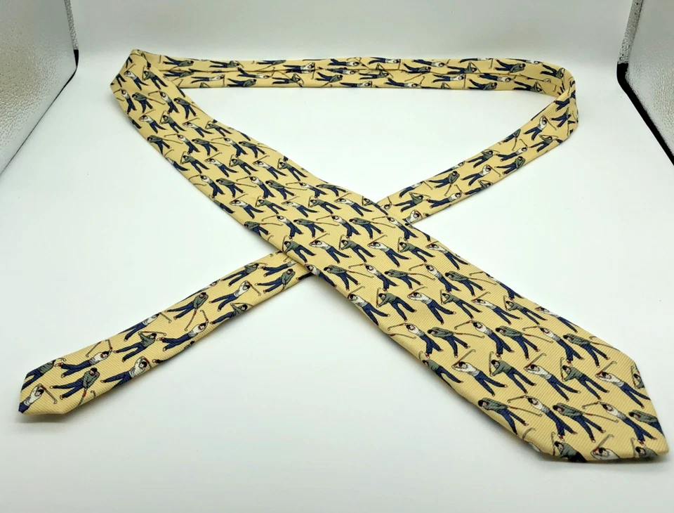 Lands End Silk Repp Tie Golfers Yellow Necktie Vintage 3.5"x59" - Image 4 of 4
