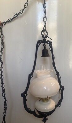 ANTIQUE VTG VICTORIAN HANGING Black Wrought Iron Glass LIBRARY PARLOR LAMP  *READ
