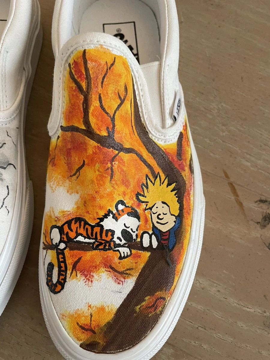 New Hand Painted Calvin and Hobbes Vans Canvas Slip on White W9 M7.5