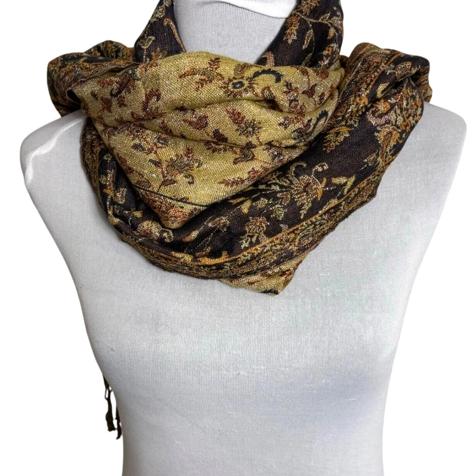 Cachecol xale borla paisley Cejon envoltório moda vintage floral preto dourado feito na Índia - Imagem 2 de 4