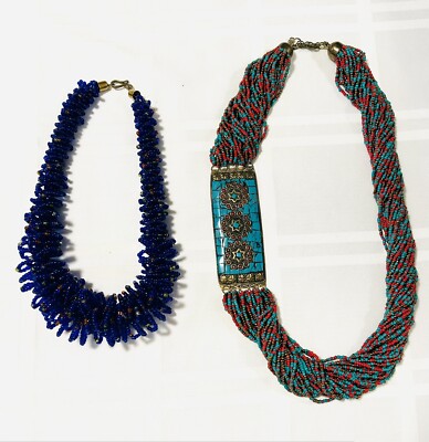 Lot 2 Boho Necklaces Seed Bead Southwestern Style Chunky Twisted Blue