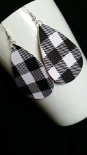Vibrant Black  White Buffalo Plaid Teardrop Faux Leather Lightweight Earrings