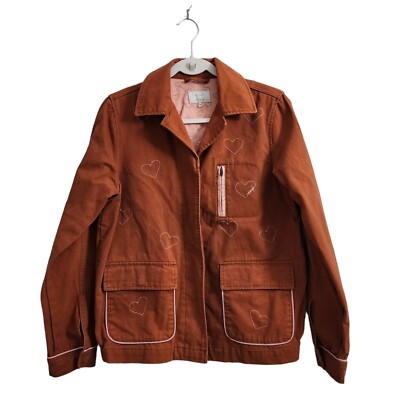 Numph Jacket Womens Medium 38 Brown Heart Print Pockets Button-Up
