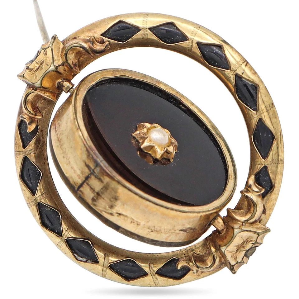 Broche antigo folheado a ouro preto ônix e pérola luto - Imagem 3 de 4