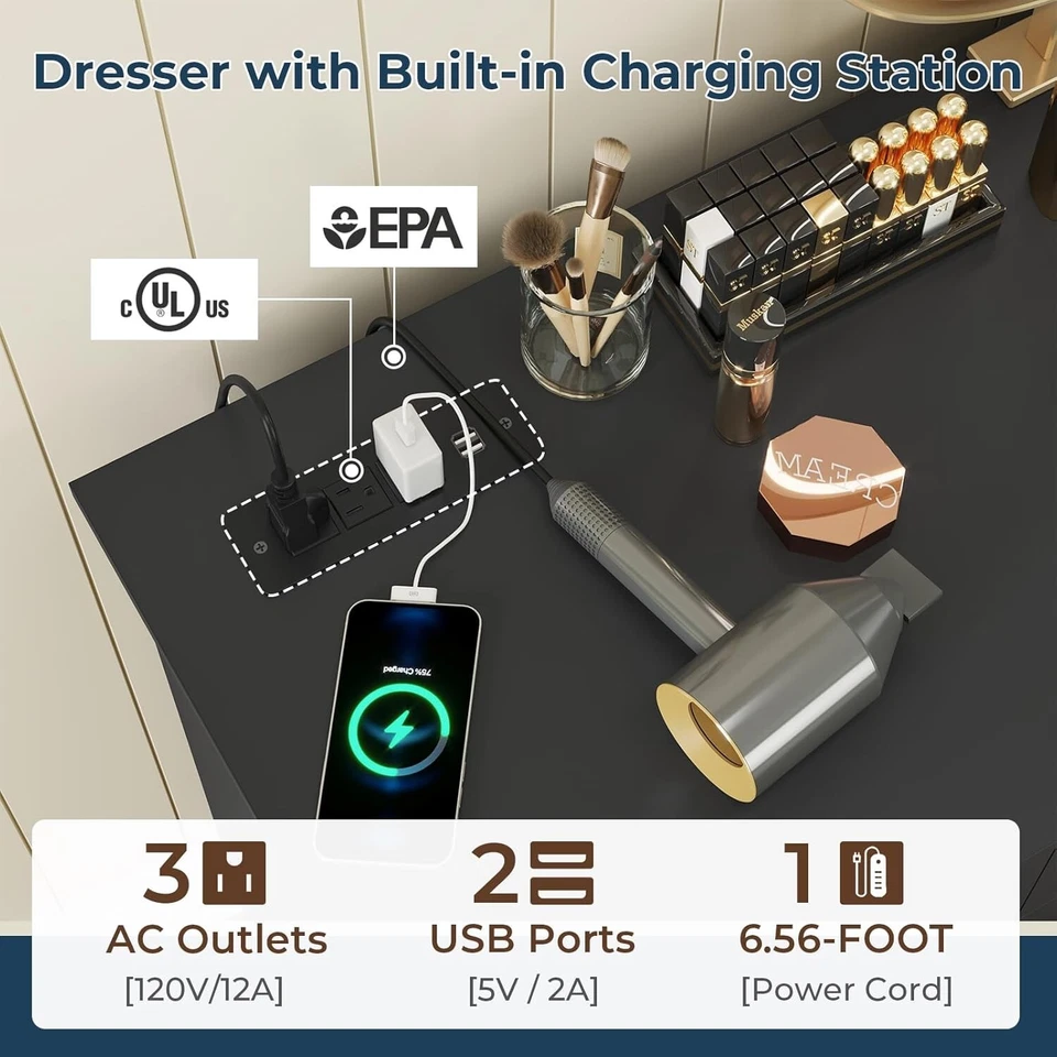 Cómoda de 10 cajones para dormitorio cómoda negra con tomas de corriente Foto 3 de 4