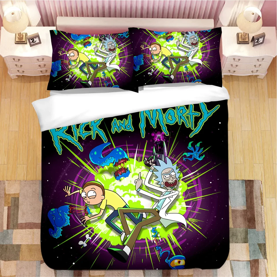 Funny Cartoon Rick and Morty Print Full Bedding Set (4pcs)