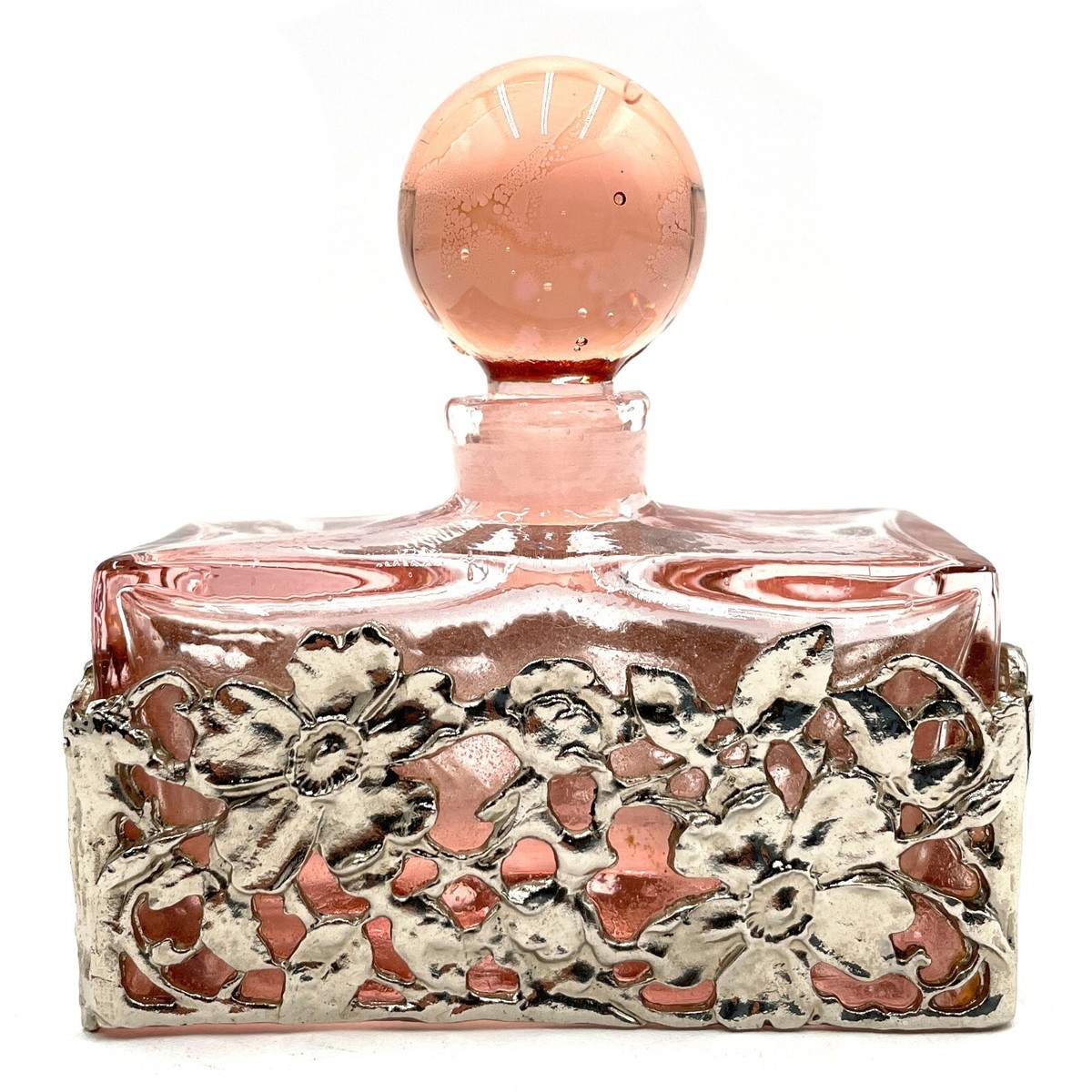 VTG Perfume Bottle Square Pink Art Glass Encased Pewter