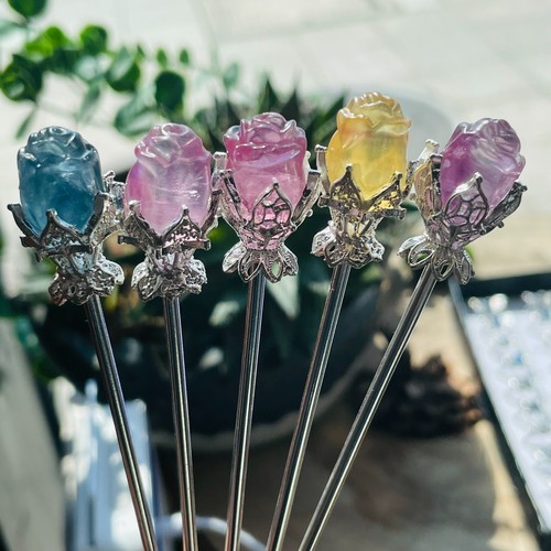 5pc Natural fluorite carved rose hairpin quartz crystal reiki healing - Picture 2 of 10