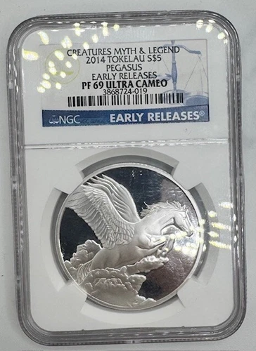 2014 Tokelau Creatures Myth Legend Pegasus $5 1 oz 999 Silver Proof NGC PF69 COA