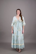 Women's Boho Summer V Neck Floral Embroidered Beach Bell Sleeves Long Dress