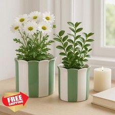 Fioriera in ceramica verde bianco righe capesante set 2 decorazioni giardino