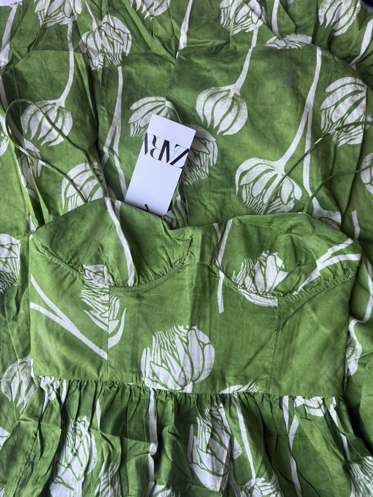 ZARA 100% Rare Cotton Boho Thistle Floral Green Printed Midi Dress Size M thumbnail 6