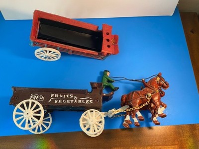 L@@K  Read Vintage Cast Iron Fresh Fruits & Vegetables Wagon w/Horses, & Rider*