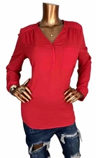 Pleione L Top Red High Low Hem V Cut Long Sleeve Blouse Soft Easywear Sexy Shirt