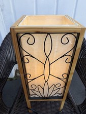Wood  Metal Table Lamp, Beige/Black Scrollwork, Corded Switch, Square Shade