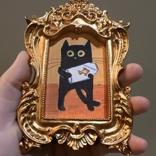 PRINT Black Cat,humor, cute,funny,original miniature Painting,small,mini,framed