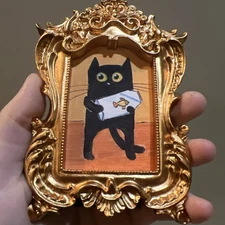 PRINT Black Cat,humor, cute,funny,original miniature Painting,small,mini,framed