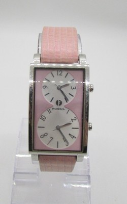 Fossil FA-1547 DUAL TIME ZONE Pink Leather Quartz Analog 24mm Wrist Watch