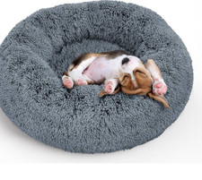 Pet Dog Cat 23" Bed Fluffy Soft Calming Bed Dark Gray Donut Plush